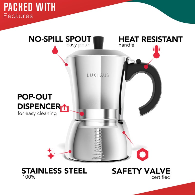 LuxHaus Moka Pot - 3 Cup Stovetop Espresso Maker - 100% Stainless Steel Italian and Cuban Mocha Coffee Maker - Image 3